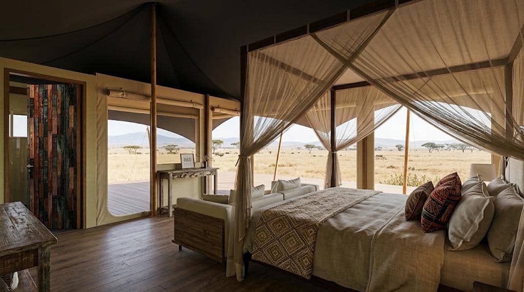Rendering of the bedroom in the new Superior Double tent at Dolly Farm & River Camp: four-poster bed with mosquito net and a view over the plains